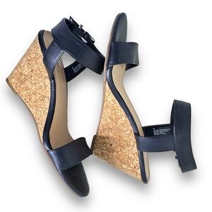 Express Ankle Strap Wedge Sandals Faux Leather Black Women's Size 9 M